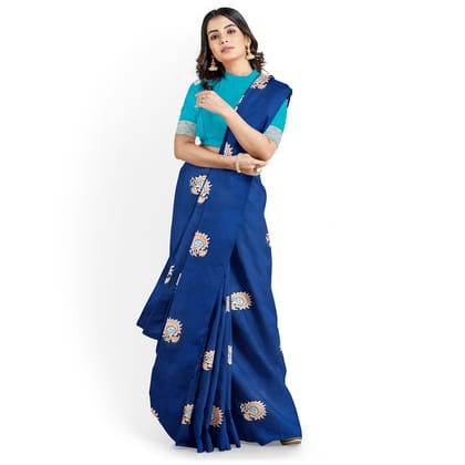 Navy Blue Color Silver & Copper Zari Floral Butta Saree with Contrast Blouse