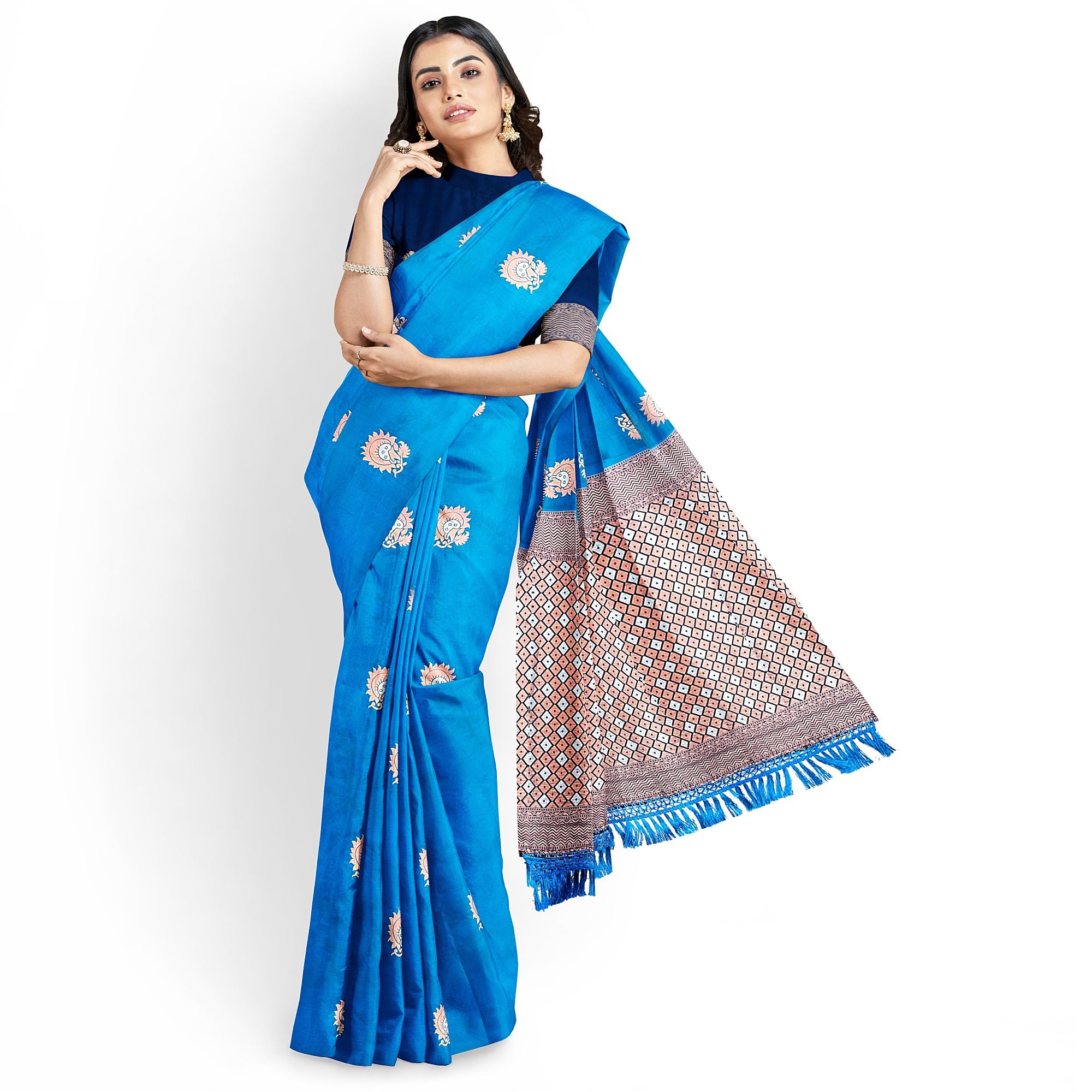 Sky Blue Color Silver & Copper Zari Floral Butta Saree with Contrast Blouse