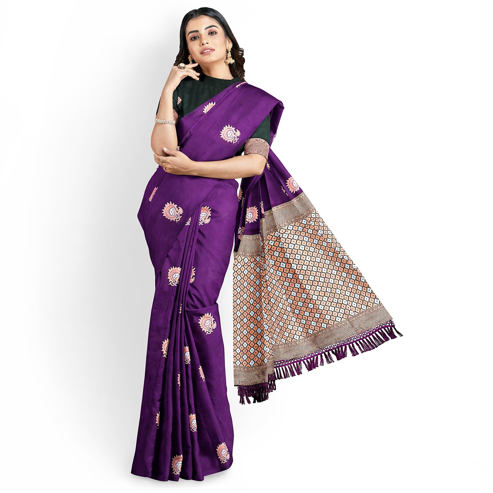 Purple Color Silver & Copper Zari Floral Butta Saree with Contrast Blouse