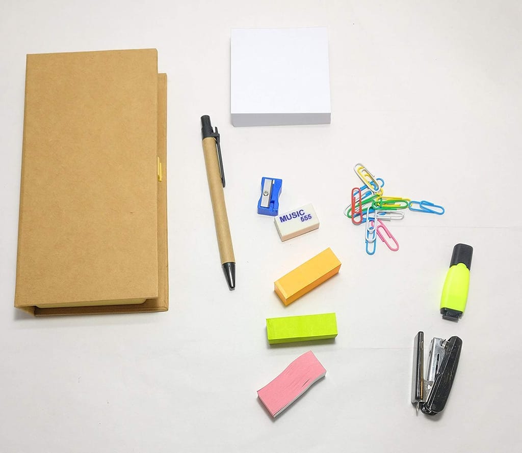 Weshopaholic Eco-Friendly Stationary Set with Paper Clips, Stapler, Sticky Notes, Calendar, Pen (Design 1-Memo Pads)