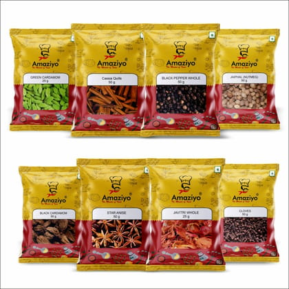 Amaziyo Exotic Spices Combo 350 g | Pack of 8 | Cassia Bark (Taj), Jaiphal, Laung, Green Cardamom, Star Anise, Javitri, Black Pepper, Black Cardamom