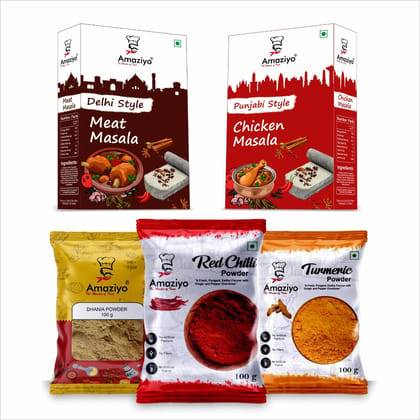 Amaziyo Non-Veg Spices Combo 450 g | Pack of 5 | Haldi Powder, Dhania Powder, Chilli Powder, Meat Masala, Chicken Masala