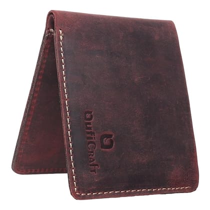 QufiCraft Genuine Leather Two Fold Wallet | Credit/Debit Card/Slim Minimalist | Office ID for Mens and Boys (8 Card Slots) (Dark Red)