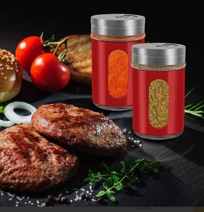 MANNAT Spice Jar Stainless Steel & Glass with Adjustable Pour Holes lid(Set of 2) Salt & Pepper Shaker,Oregano,Chilli Flakes,Seasoning Sprinkler|(Red,Color Send As per Availability)