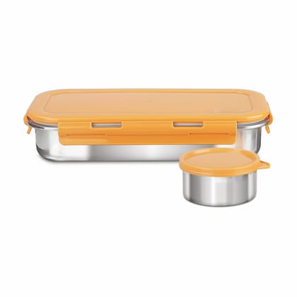 NAYASA Lunch Box 580ml Air Tight Insulated Tiffin Box with 1 Leak-Proof Small Steel Container(Stainless Steel & Plastic,Pack of 1,Orange)
