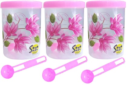 SITI PLAST Flower Print Plastic Storage Jar and Container with Spoon Grocery Airtight Kitchen Containers(3pcs x 2000ml Each,Pink)