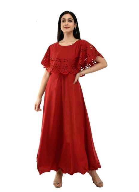 Women's vibrant red sleeveless evening gown with floor length skirt