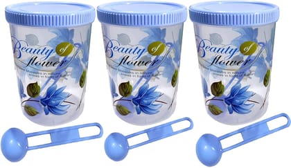 SITI PLAST Beautiful Flower Print Plastic Round Shape Storage Jar and Container with Spoon Grocery Airtight Kitchen Containers| Air Tight |Kitchen Organiser | BPA Free(3pcs x 1500ml Each,Blue)