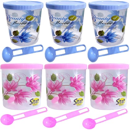 SITI PLAST Flower Print Plastic Storage Jar and Container with Spoon Grocery Airtight Kitchen Containers(6pcs x 1000ml Each,Blue,Pink)