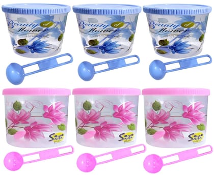 SITI PLAST Flower Print Plastic Storage Jar and Container with Spoon Grocery Airtight Kitchen Containers(6pcs x 250ml Each,Blue,Pink)