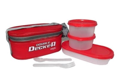 Milton Double Decker Lunch Box, (3 Plastic Container) Red / PINK / BLUE