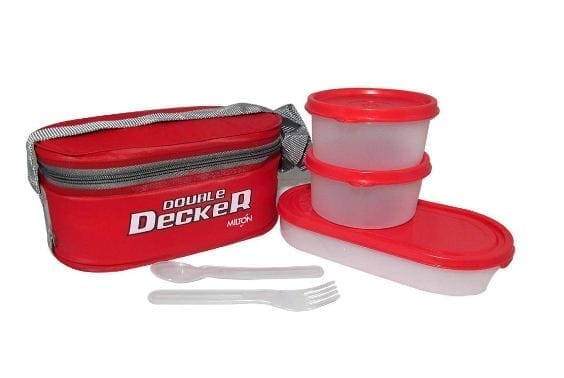 Milton Double Decker Lunch Box, (3 Plastic Container) Red / PINK / BLUE