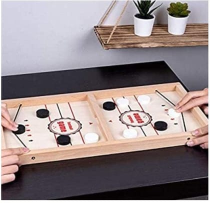 Junior Fast Sling Puck Game Board String Hockey Toy, Party Game for Adult, Parent, Kids, Children, Family (Brown, Pine Wood)
