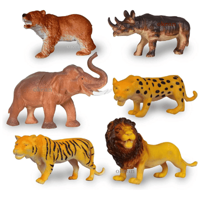 Set of 6 Big Size Full Action Toy Figure Jungle Cartoon Wild Animal Toys Figure Playing Set for Kids Current Animals Bear Rhino Elephant Leopard Tiger Lion Toys for Children
