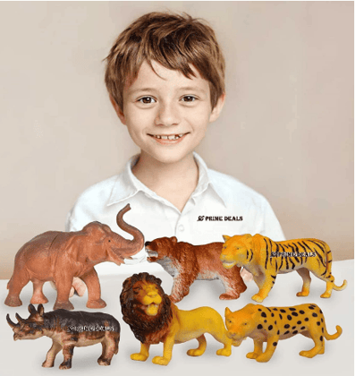 Set of 6 Big Size Full Action Toy Figure Jungle Cartoon Wild Animal Toys Figure Playing Set for Kids Current Animals Bear Rhino Elephant Leopard Tiger Lion Toys for Children