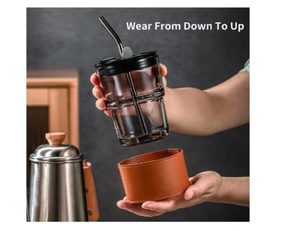 KREMLIN Glass Sipper Tumbler Mug with Glass Lid with leather Strip for Coffee,Tea, Milk Beverages 435ml