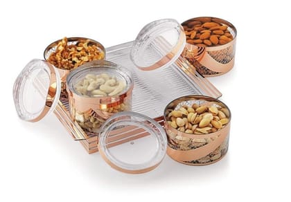 Liza Dry fruit Box with Lid & Serving Tray Storage Container (Set of 4, Lagoona)