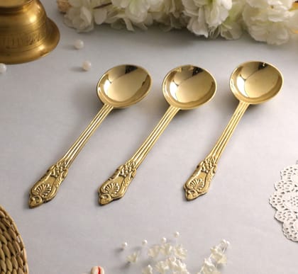 BulkySanta Brass Serving Spoons with Hand Crafted Etching Design (Size - 8.75" Weight - 100 Grams) Royal dinnerware Serving Spoons Set (Set of 3 pcs.)