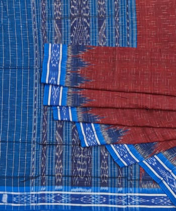Maroon Blue Nuapatna Handwoven Single Ikat Cotton Saree
