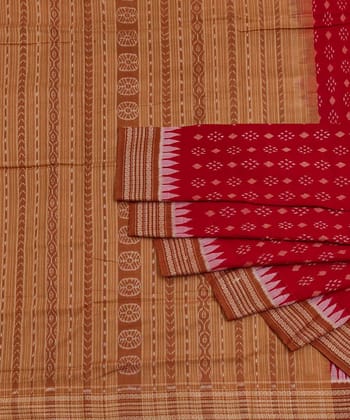 Red Brown Sambalpuri Handwoven Single Ikat Cotton Saree