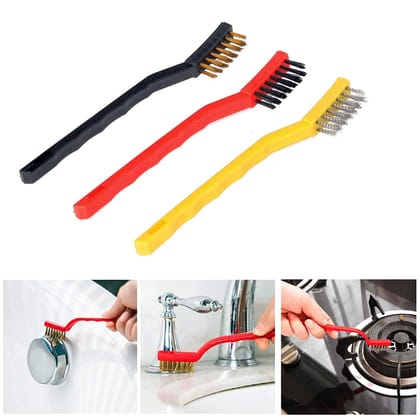 MANNAT Mini Plastic Gas Stove Cleaning Tool Kit Wire Brush Set Brass Nylon Stainless Steel Bristles Household Cleaning Brush for Gas Stove Burner Car Kitchen Tiles Tap Cleaning Tool(set of 3pcs)