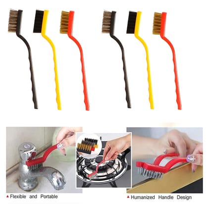 MANNAT Mini Plastic Gas Stove Cleaning Tool Kit Wire Brush Set Brass Nylon Stainless Steel Bristles Household Cleaning Brush for Gas Stove Burner Car Kitchen Tiles Tap Cleaning Tool(Set of 6)