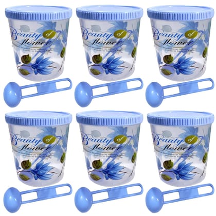 SITI PLAST Beautiful Flower Print Plastic Round Shape Storage Jar and Container with Spoon Grocery Airtight Kitchen Containers| Air Tight |Kitchen Organiser | BPA Free(Pack of 6, 500ml Each,Blue)