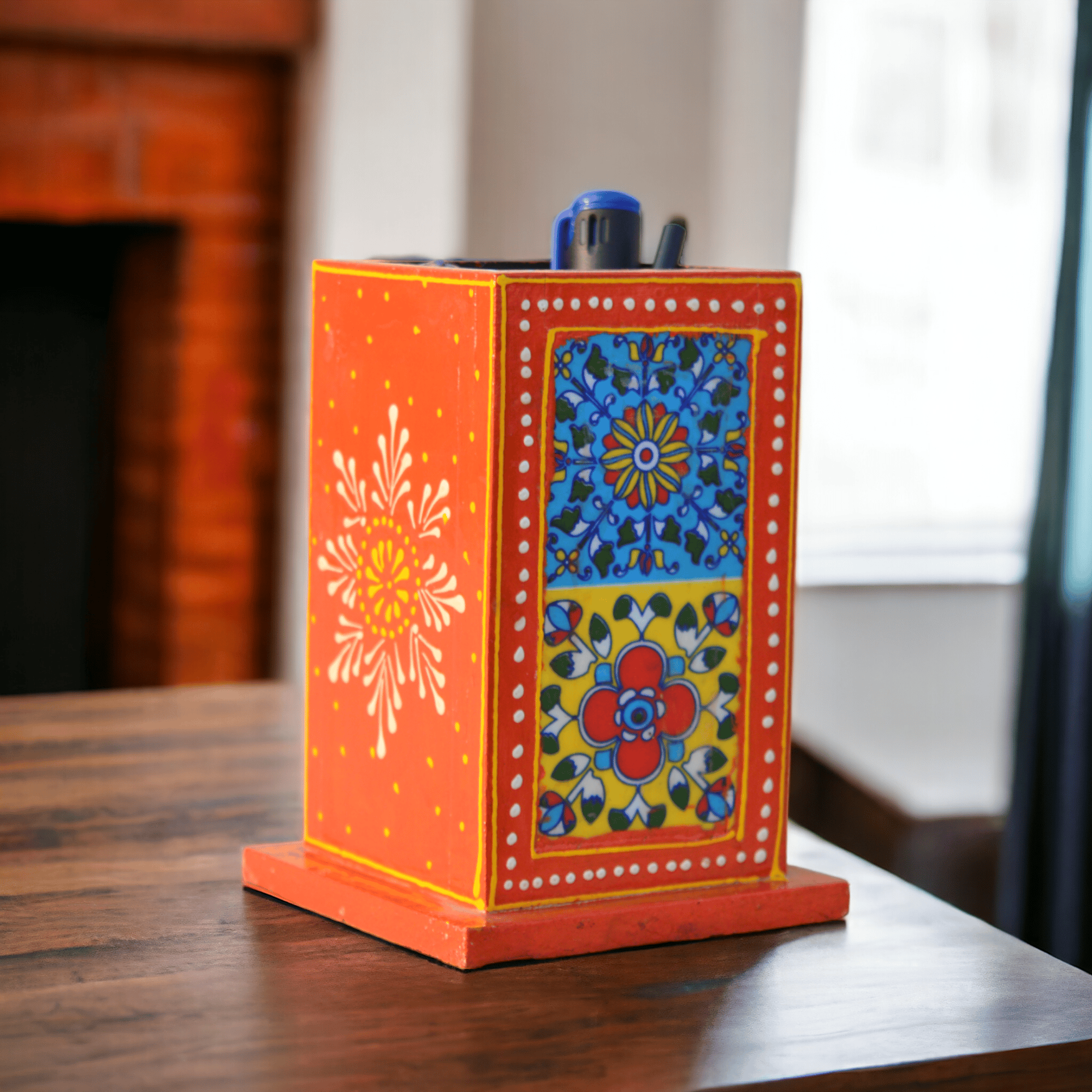 Hand-Painted Pen Stand | Wooden Orange Desk Organizer | 10cm | Exquisite Artistic Decor, Office Gift