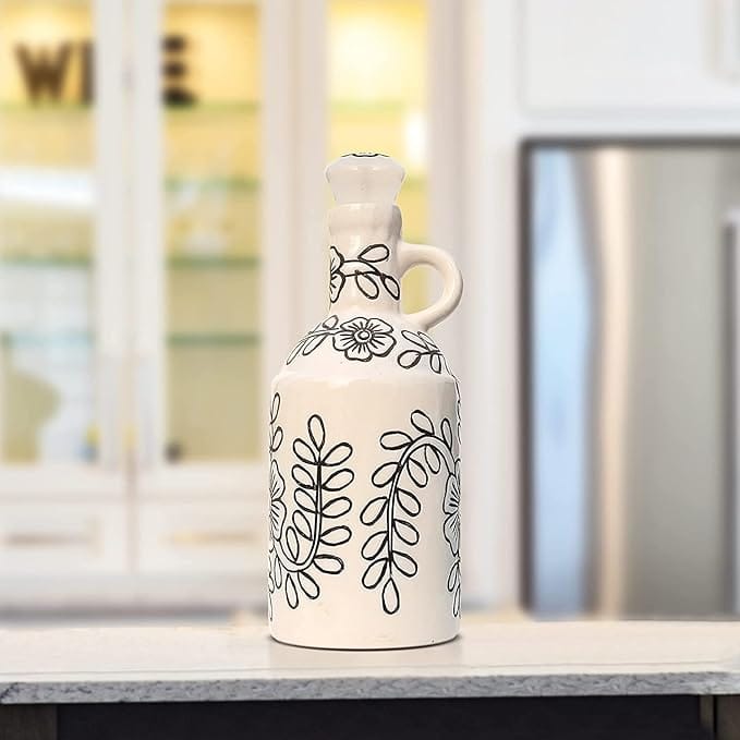 Ceramic Uniquely Black Flower Design Oil Dispenser with lid (1000 ML)