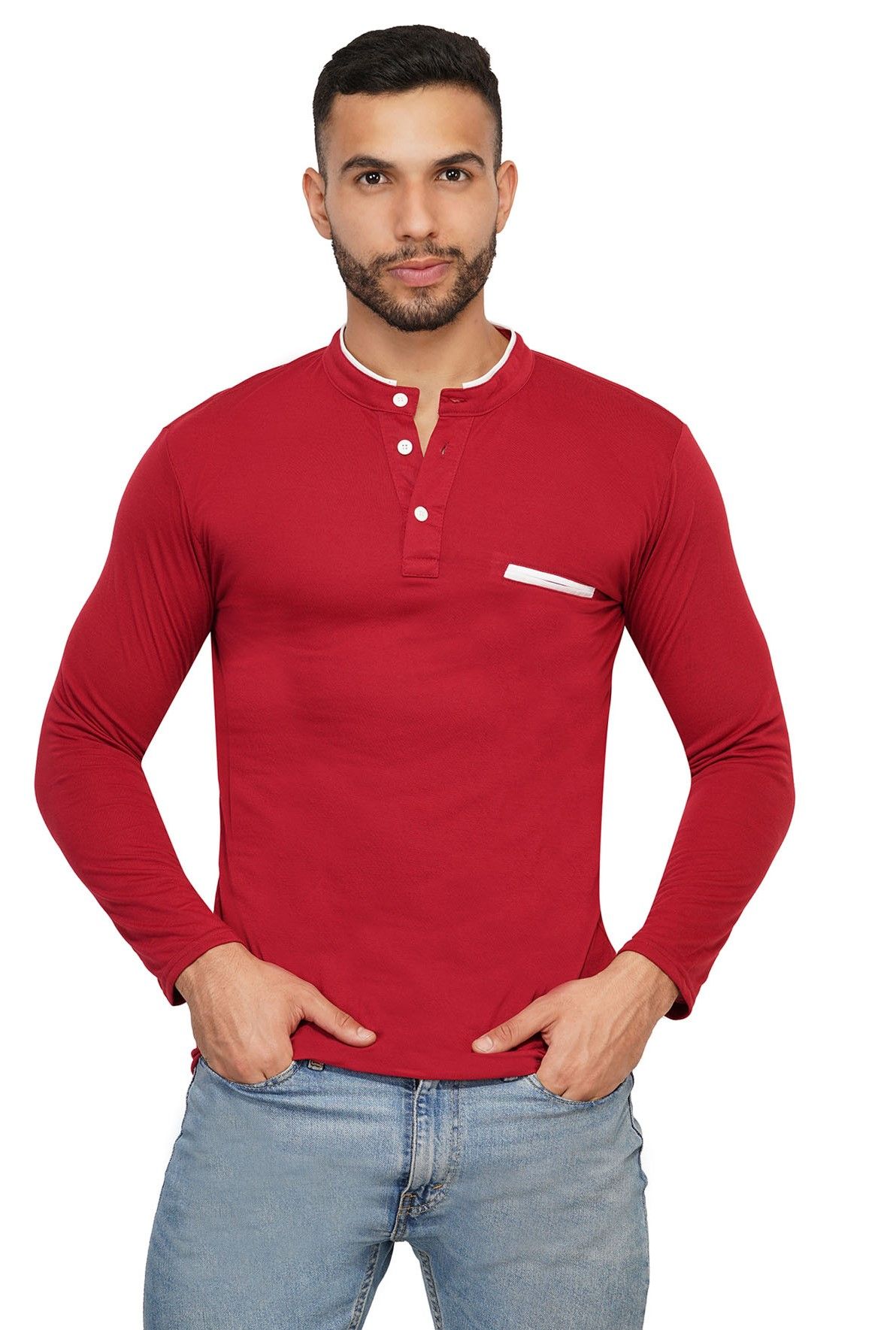 BASONTI Men Cotton Blend Round Collar Neck Full Sleeves Casual T Shirt