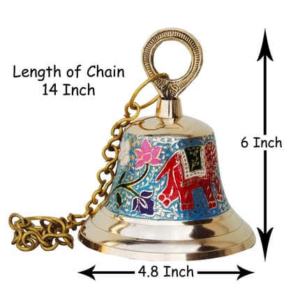 Brass Hanging Temple Pooja Bell, Bell Blue Color - 4.8*4.8*6 inch (F515 B)