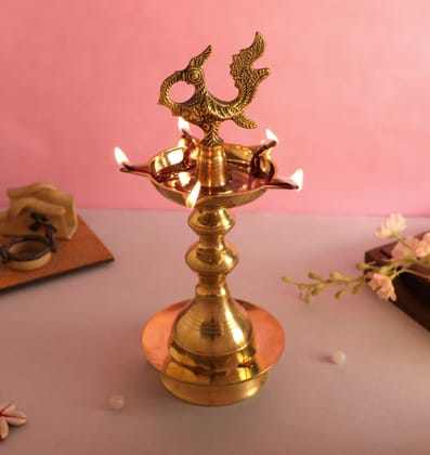 BulkySanta Pure Brass Kerala Fancy Chirag Diya | Peacock Diya | Brass samai kuthuvilakku | Brass Nilavilakku (Height - 10 inches)