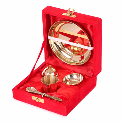 BulkySanta Pure Brass Pooja Bhog Thali Set Small | Size - 4 inches (Set of 5 Pooja Items) (WITH GIFT BOX)