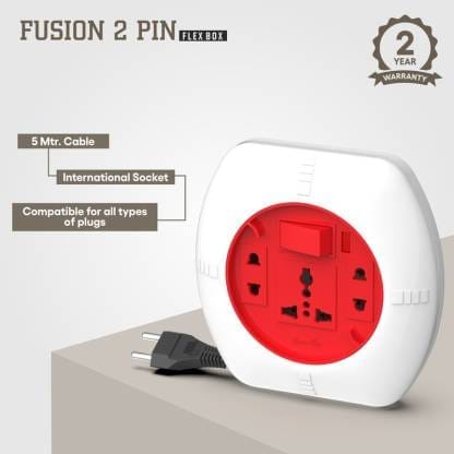 Fybros Fusion 2 Pin Extension Flex Box 5 Meter Power Cable with Indicator 3 Socket Extension Boards  (White, Red, 5 m)
