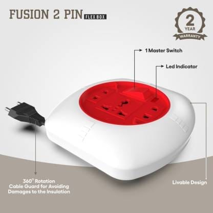 Fybros Fusion 2 Pin Extension Flex Box 5 Meter Power Cable with Indicator 3 Socket Extension Boards  (White, Red, 5 m)