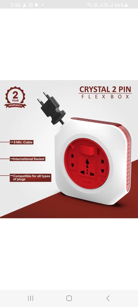 Fybros Crystal Square 2 Pin Extension Flex Box 5 Meter Power Cable with Indicator 3 Socket Extension Boards  (White, Red, 5 m)