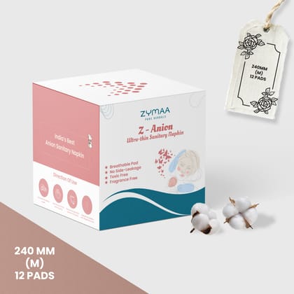 Z-Anion Sanitary Napkins | 12 Pads | Regular Flow (M - 240 mm) | Biodegradable | High Absorption | Free From Side Leakage, Odour, Rashes, Irritations, Toxic.