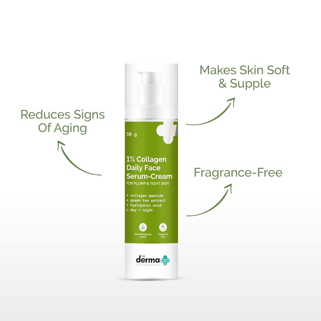The Derma Co 1% Collagen Daily Face Serum-Cream with Green Tea & Hyaluronic Acid For Plump & Tight Skin - 50 g