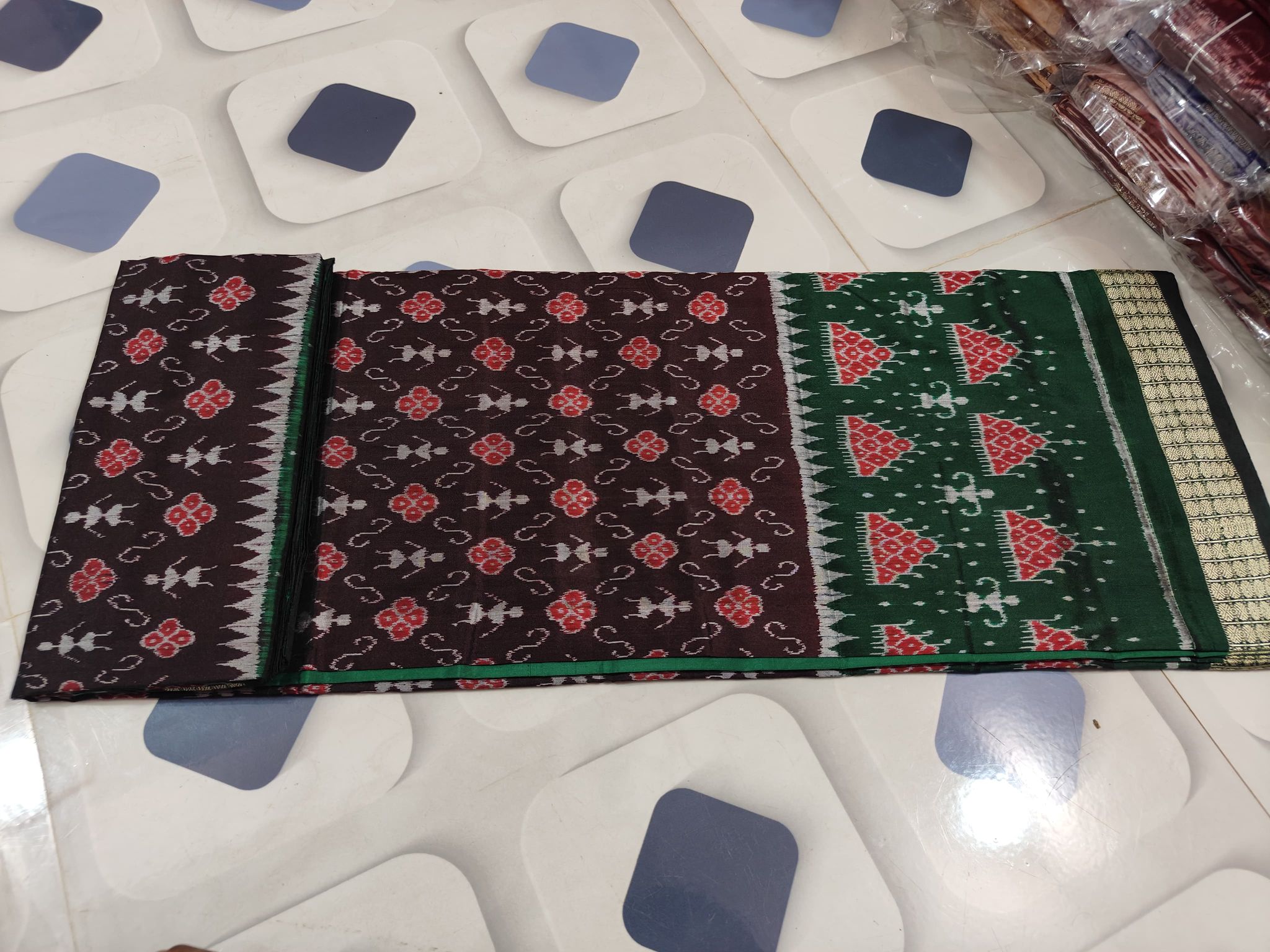 Coffee- Green terracotta pattern Sambalpuri Pata Saree