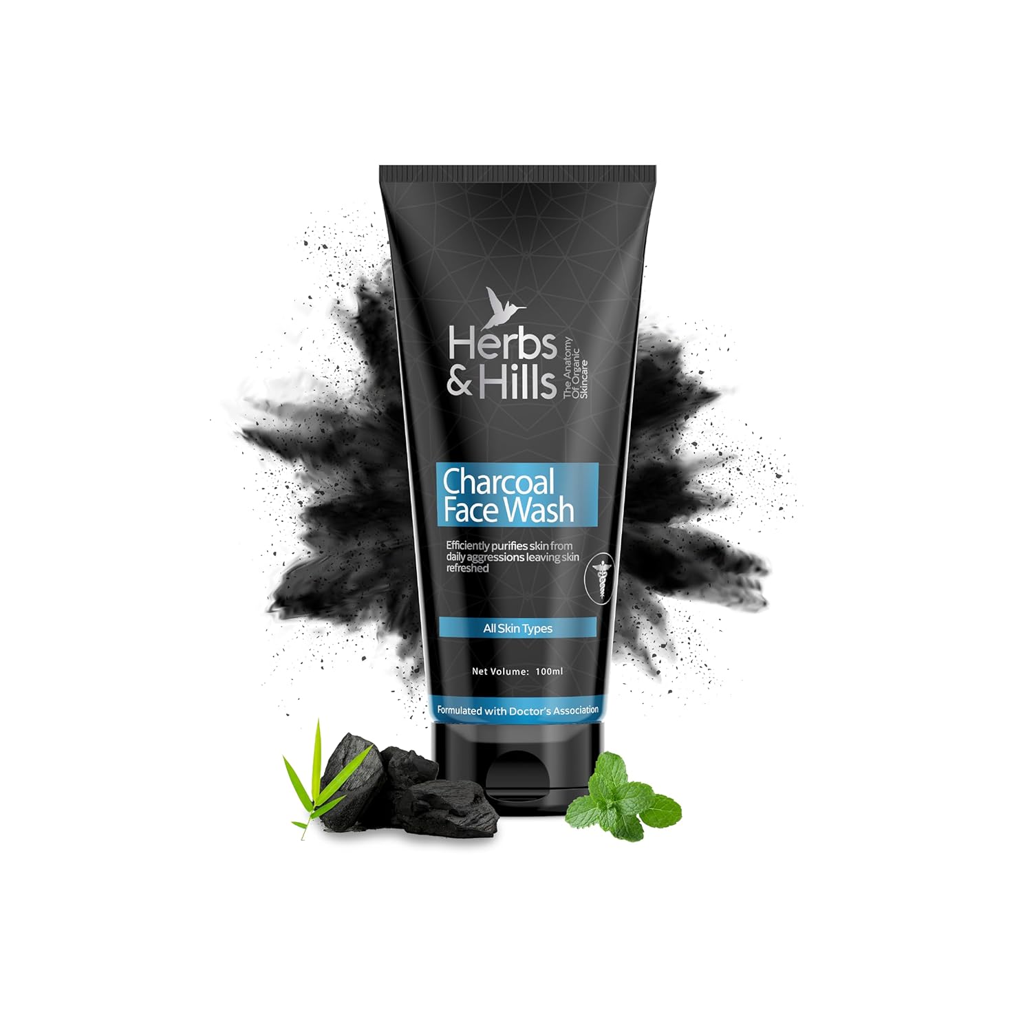 Herbs & Hills Charcoal Face Wash - 100ml | Anti Pollution | Oil Control | For Dirt & Dullness | Clogged Pores | Purifies Skin | with Coconut Oil, Aloe Vera & Lemon Oil Extract