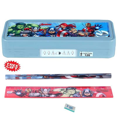 SKI Puzzle Game Password Protected Avengers Theme Double Layer Pencil Box Stationery Holder for Boys and Girls with Free Gift Pencil, Scale and Eraser Geometry Box