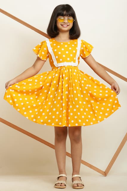 Trendy Yellow Dot Printed Frock With Lining Frill for Girls