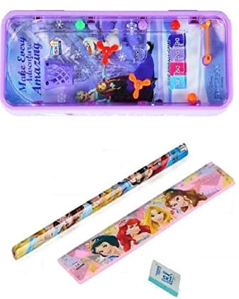 SKI Pinball Game on top Password Protected Disney Frozen Theme Double Layer Pencil Box Stationery Holder for Boys and Girls with Pencil, Scale and Eraser Geometry Box