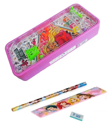 SKI Pinball Game on top Password Protected Barbie Princess Theme Double Layer Pencil Box Stationery Holder for Boys and Girls with Pencil, Scale and Eraser Geometry Box