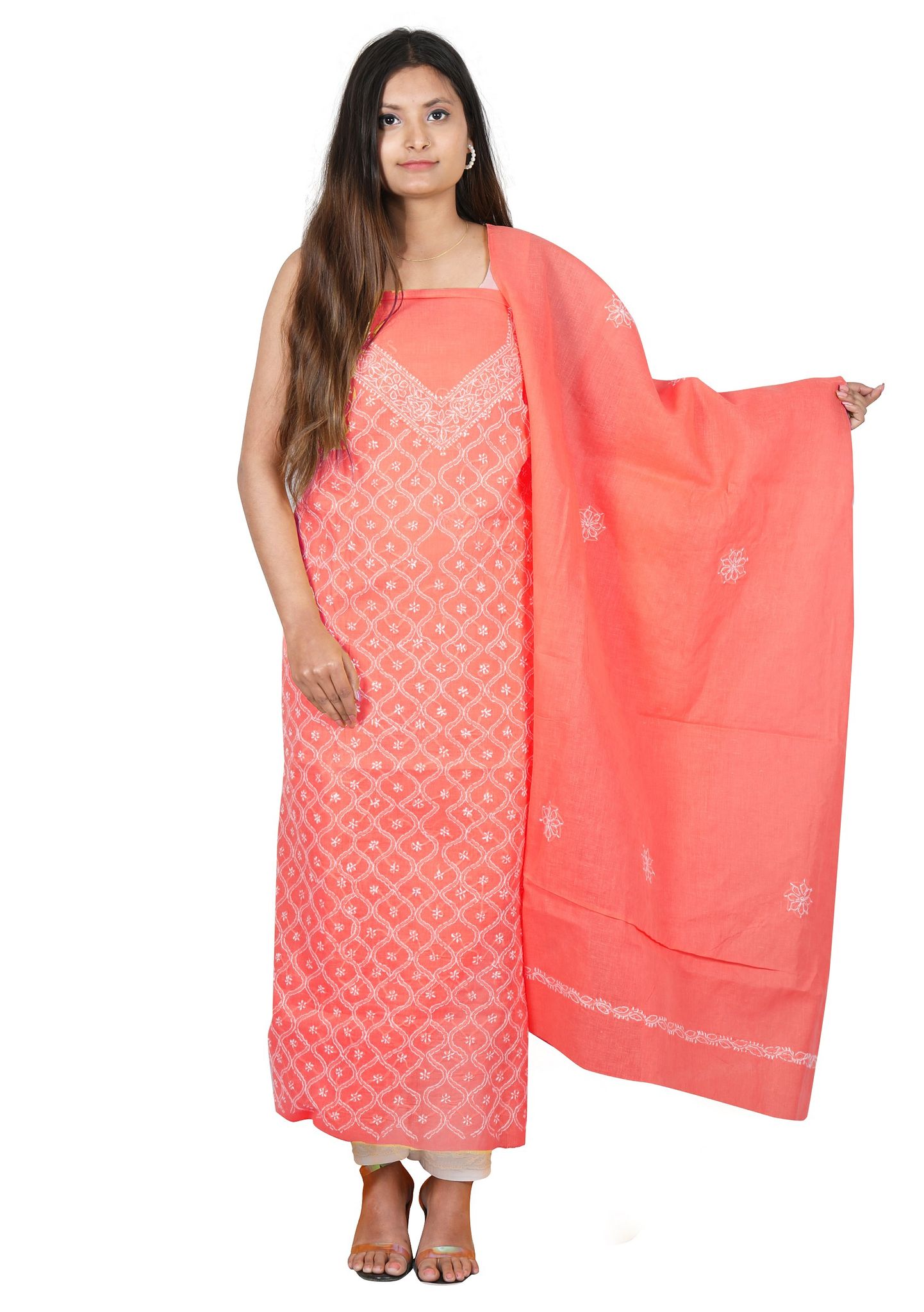 Lavangi Women's Lucknow Chikankari Cotton Unstitched Dress Material for Top, Bottom & Dupatta (Gajiri)