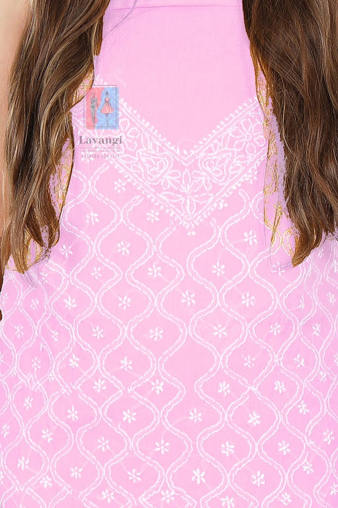 Lavangi Women's Lucknow Chikankari Cotton Unstitched Dress Material for Top, Bottom & Dupatta (Baby Pink)