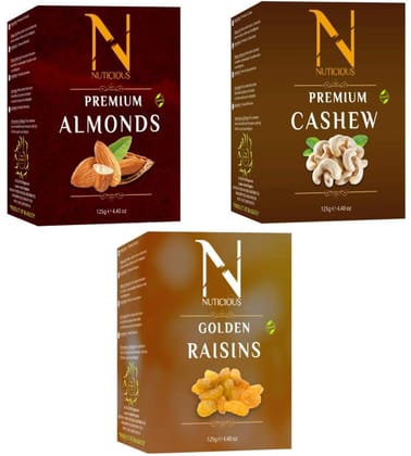 Nuticious Premium Dryfruits Set of Combo Pack of Almonds, Cashew, Raisins 125gm X 3 | Dryfruits, Nuts and Berries