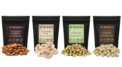 NUTICIOUS - California Almond, Jumbo Cashews, Pistachio Kernals ,Hazelnuts 250 gm X 4..Dry Fruit & Nuts