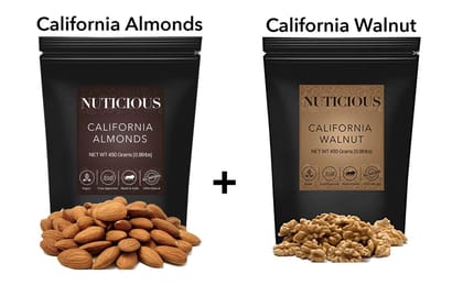 NUTICIOUS - California Almonds (Badam), Walnut(Akhrot) dryfruit, 450 Gm X 2..