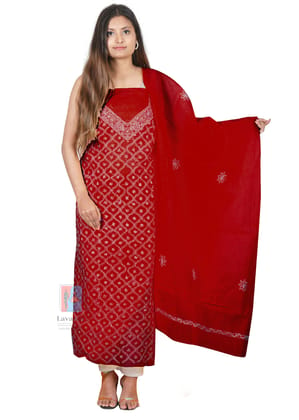 Lavangi Women's Lucknow Chikankari Cotton Unstitched Dress Material for Top, Bottom & Dupatta (Maroon)